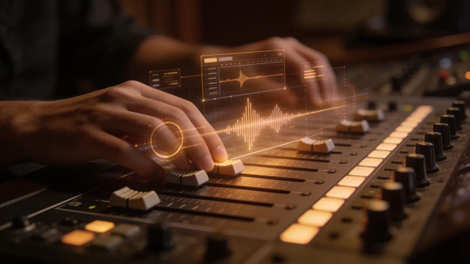 Hands at a warmly lit audio console with interface