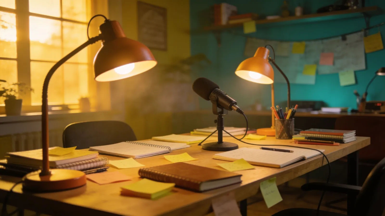 Cozy comedy-writers room at golden hour