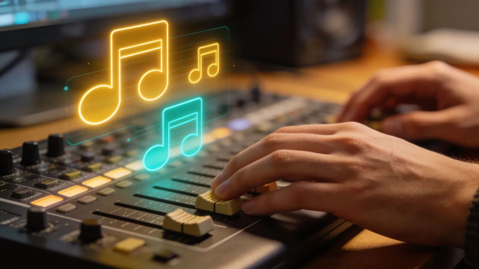 Hands at a warm mustard-and-teal audio console