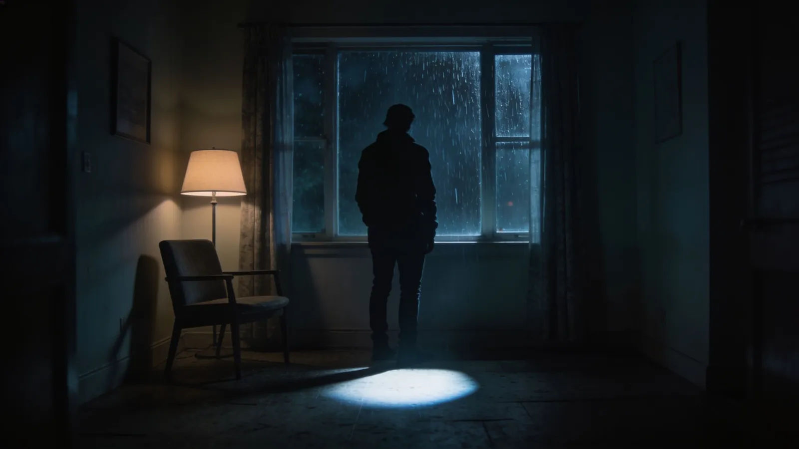 Tense figure by rain-streaked window at night