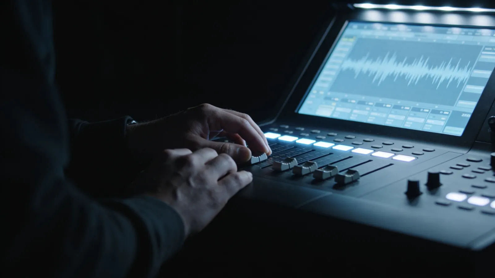 Hands on audio console in cool-lit room