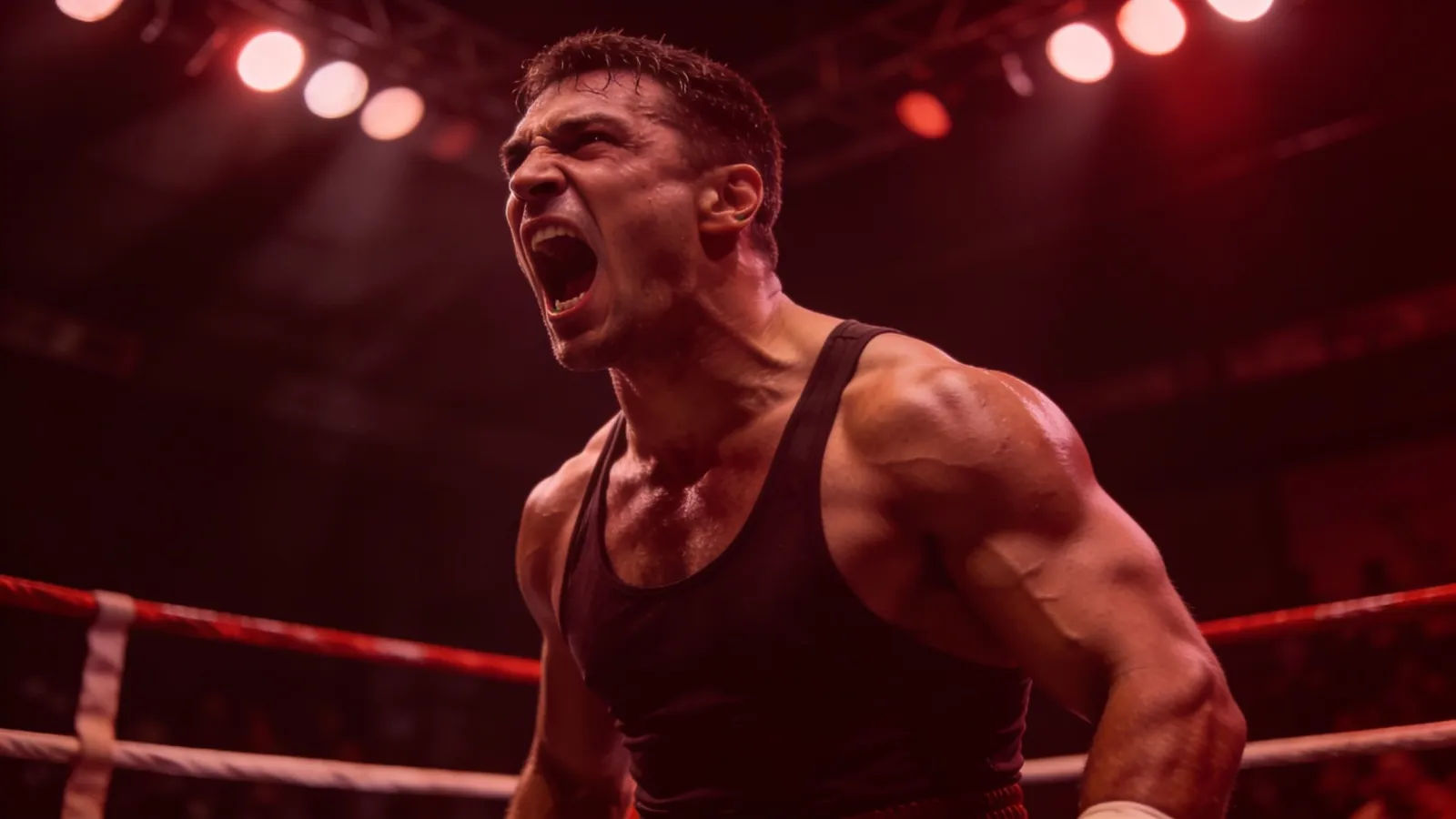 Powerful ring athlete roaring in dramatic rim light