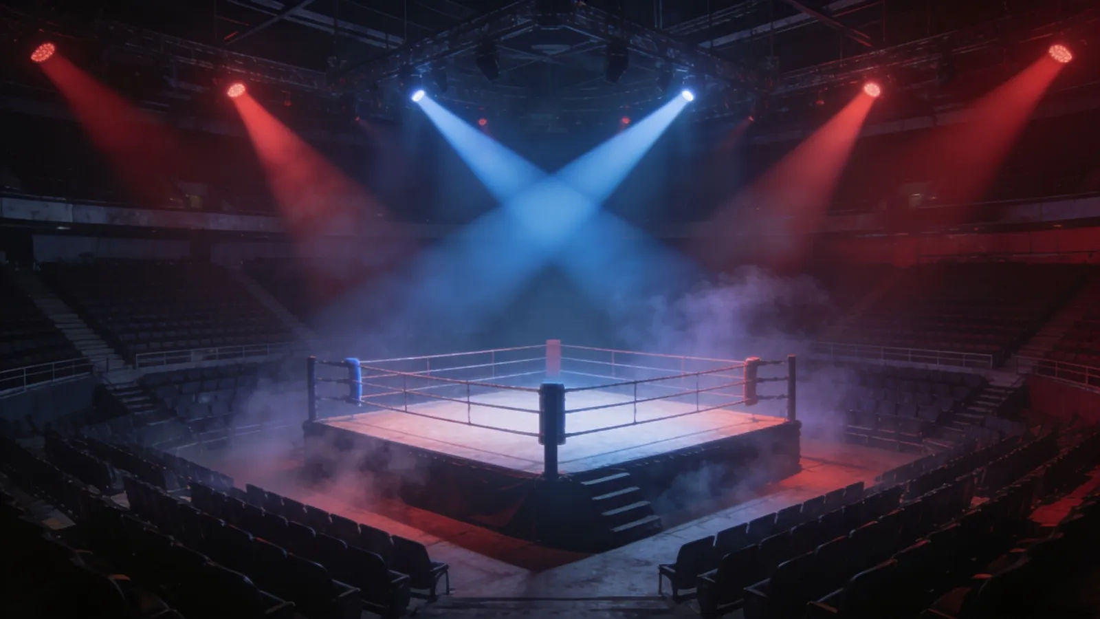 Empty sports arena with elevated ring under spotlights