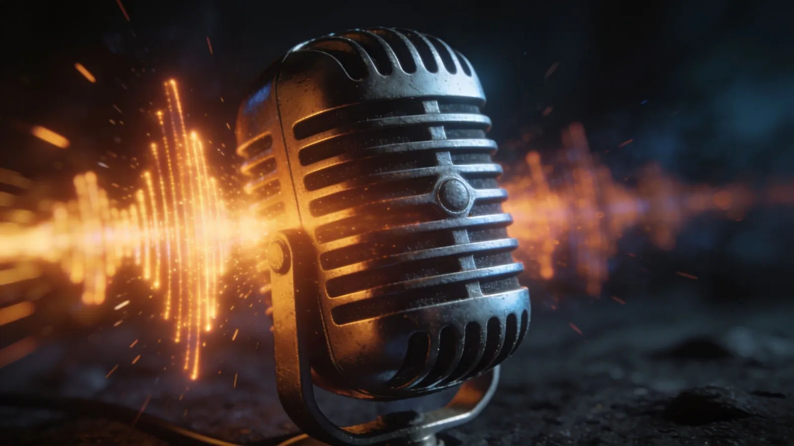 Vintage announcer microphone with thunderous soundwave blast