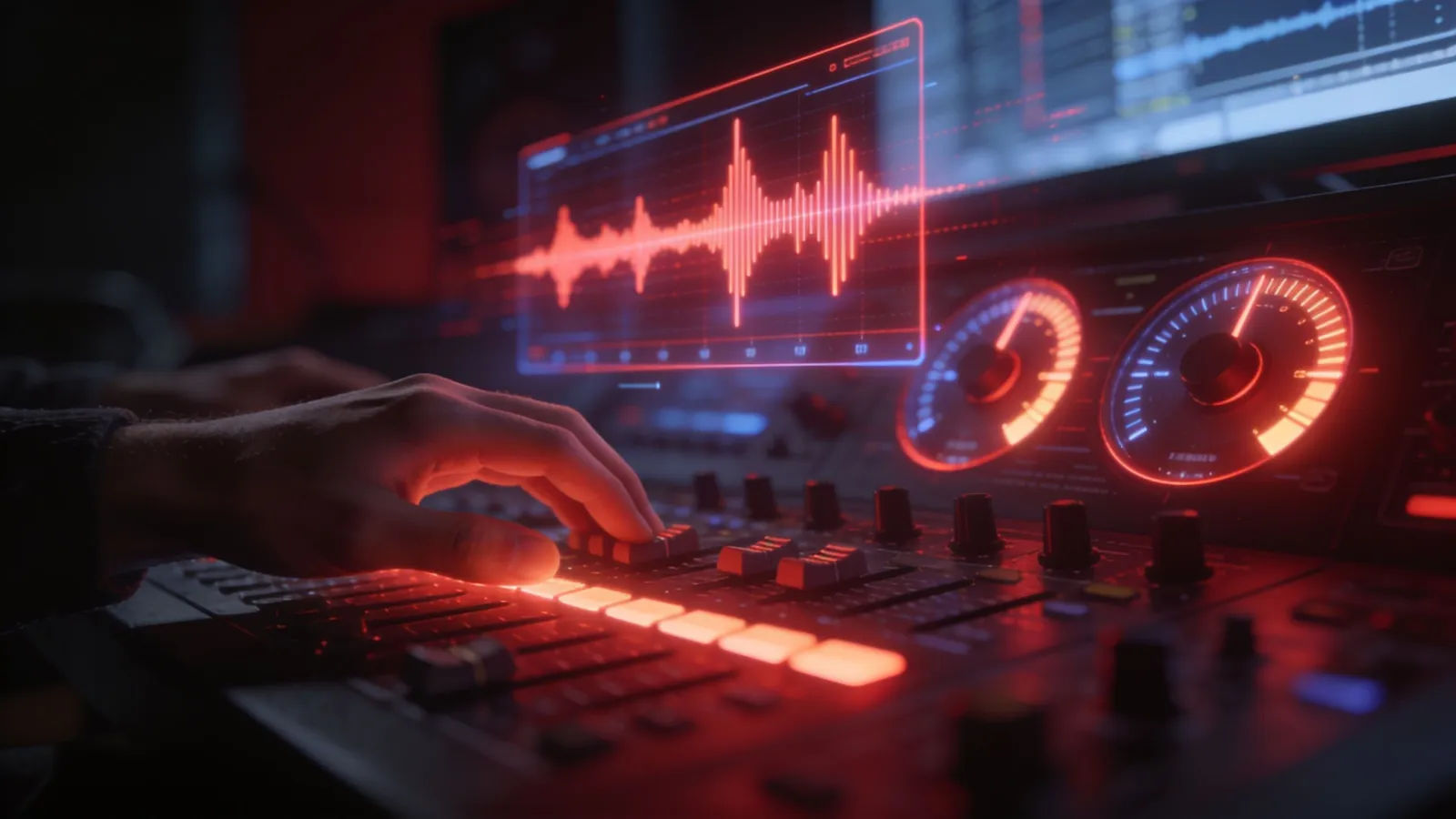 Hands at energetic console with pulsing bold waveform UI