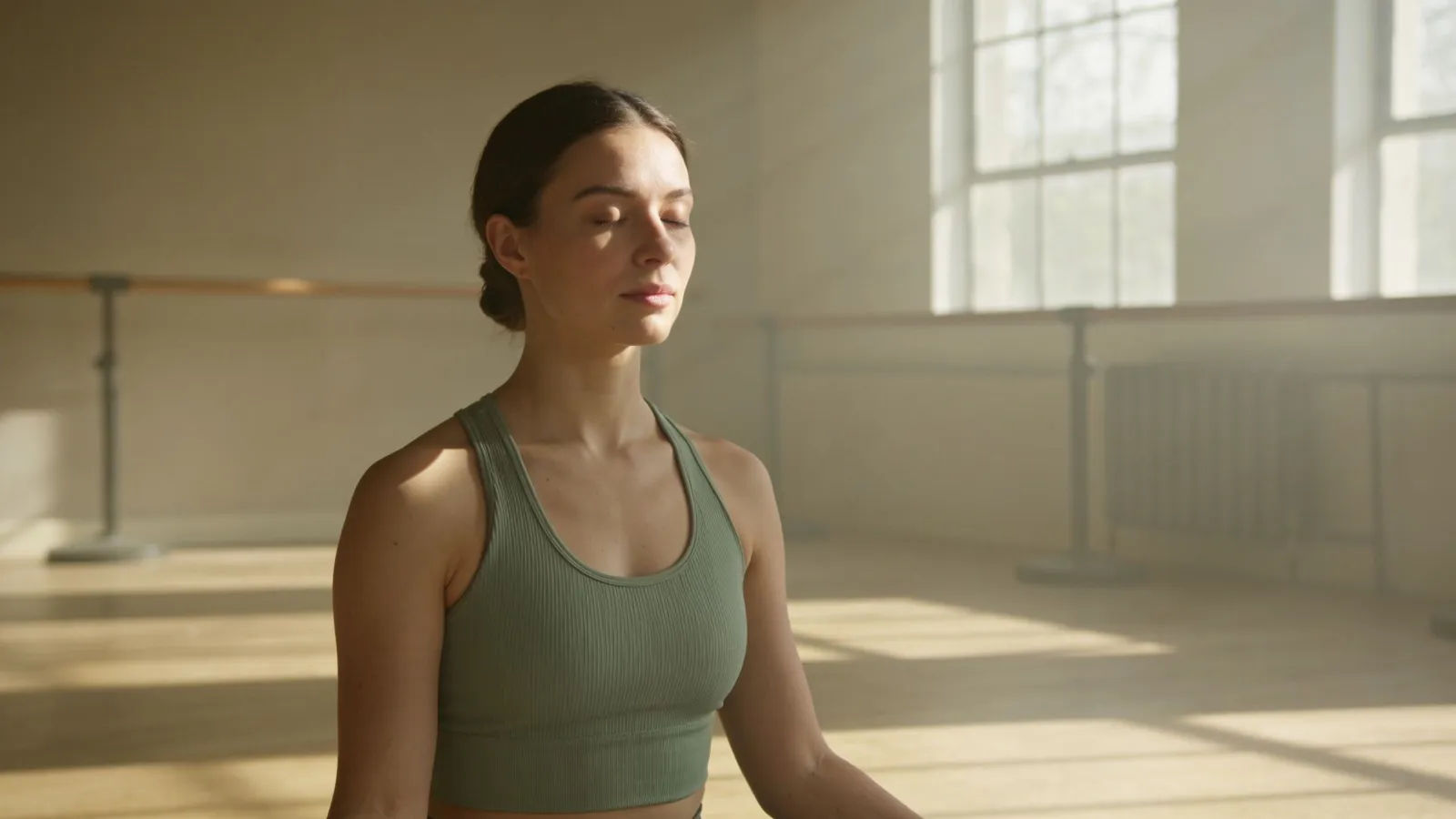 Serene yoga instructor in a sunlit studio