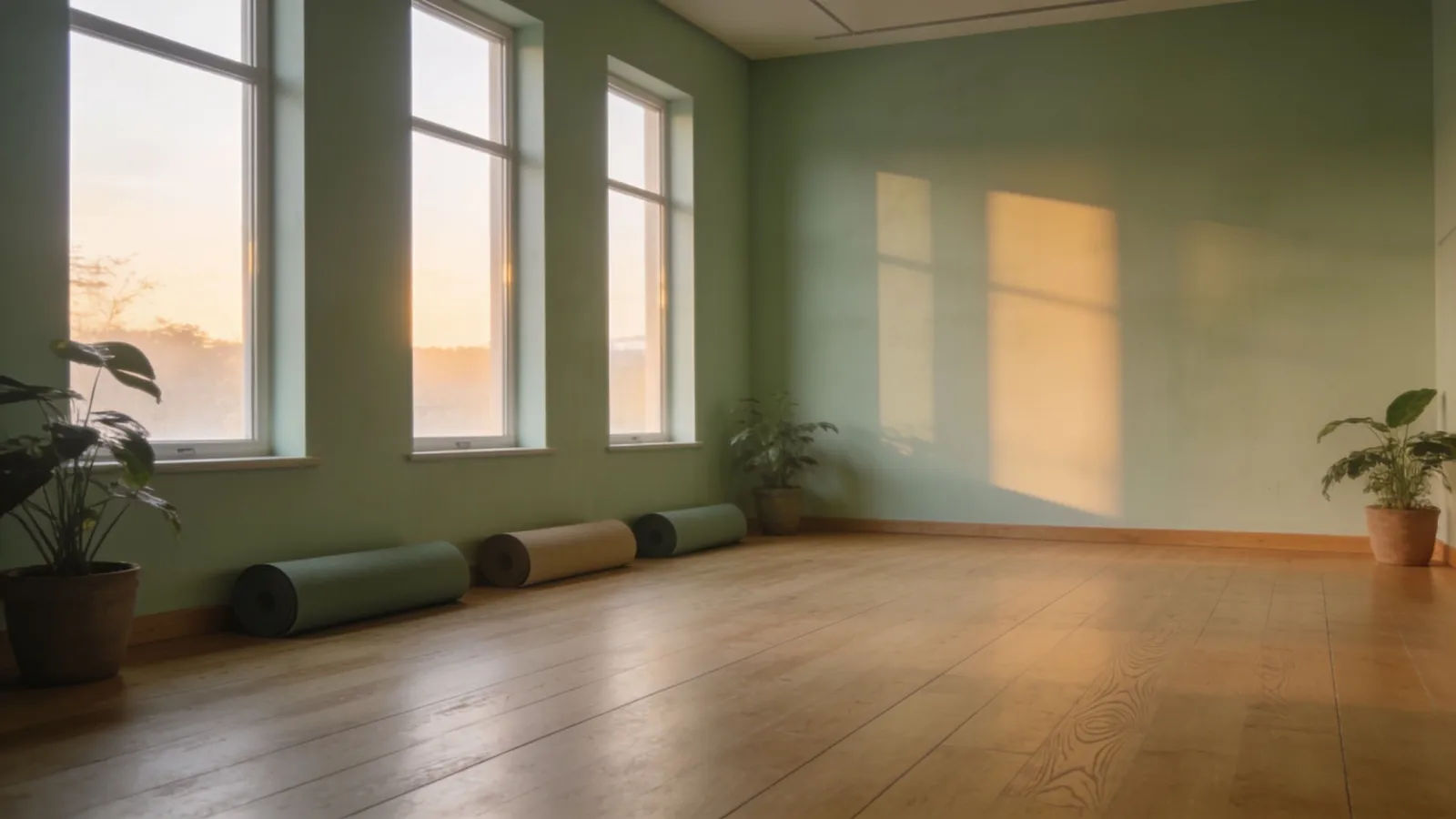 Tranquil dawn-lit yoga studio with mats and plants