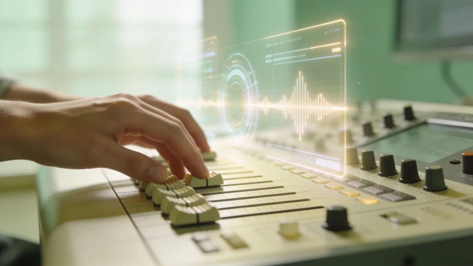 Hands at an airy console with calming audio interface