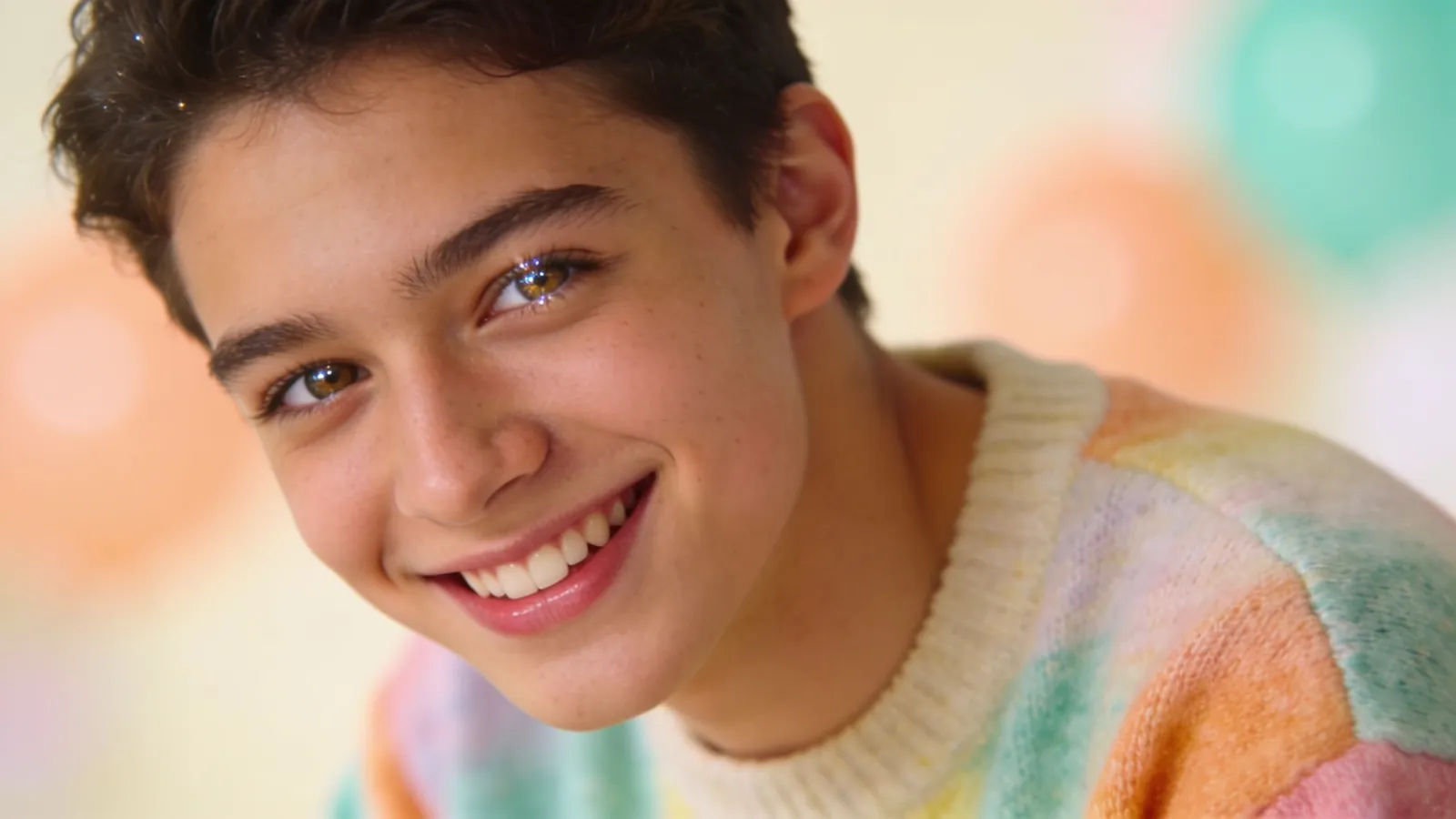 Cheerful young person smiling in pastel light