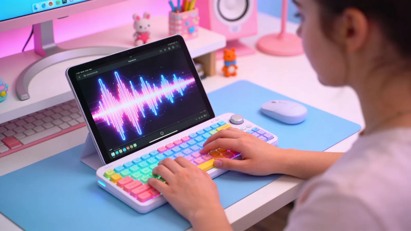 Young creators hands with bright audio interface