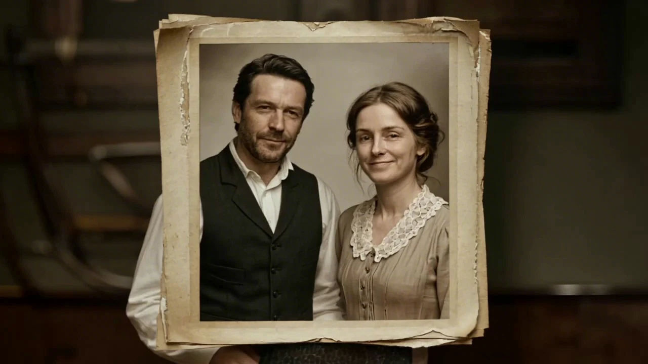A worn vintage sepia portrait of a couple, the original scan before animation