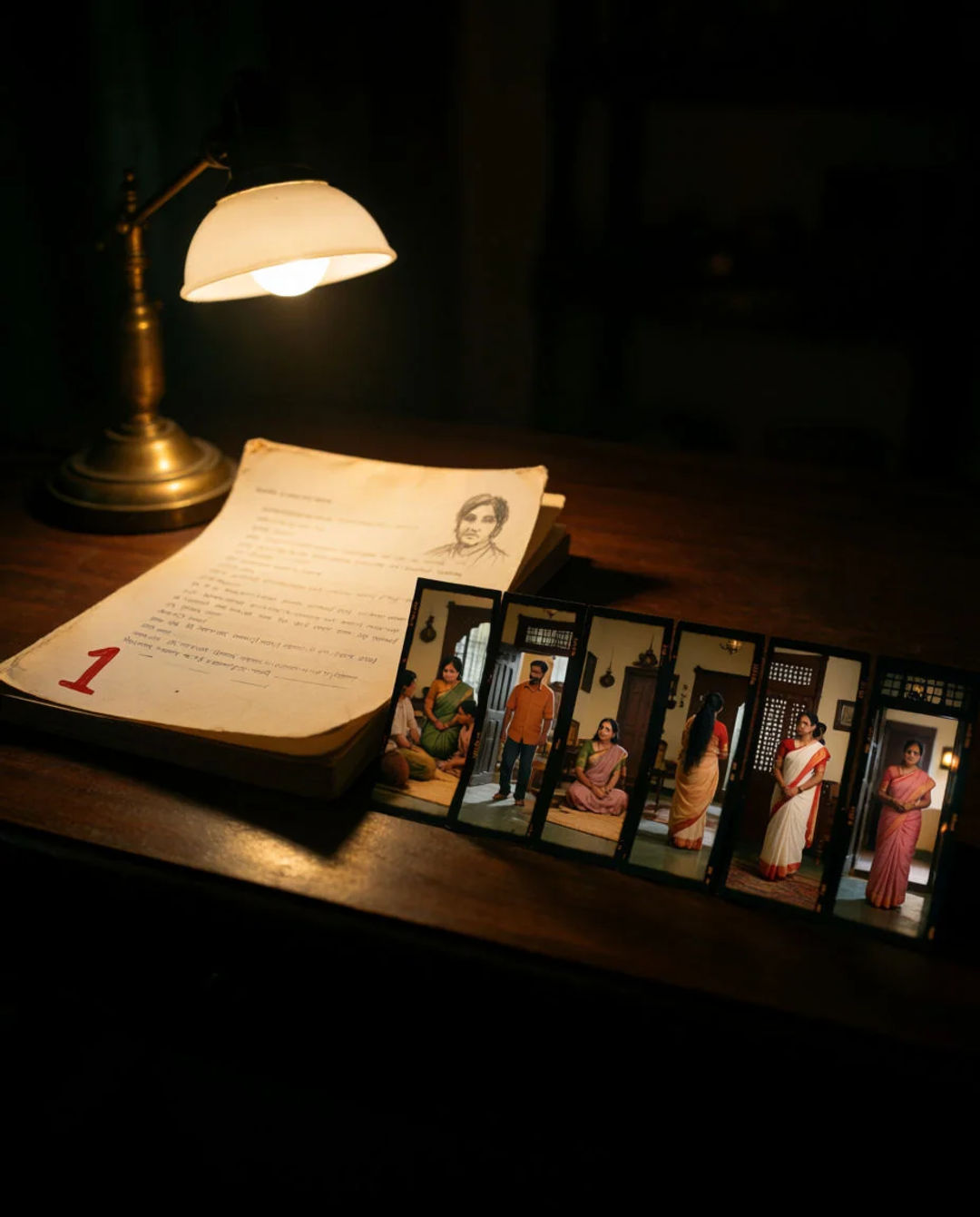 Screenplay page under a desk lamp beside a strip of vertical film frames