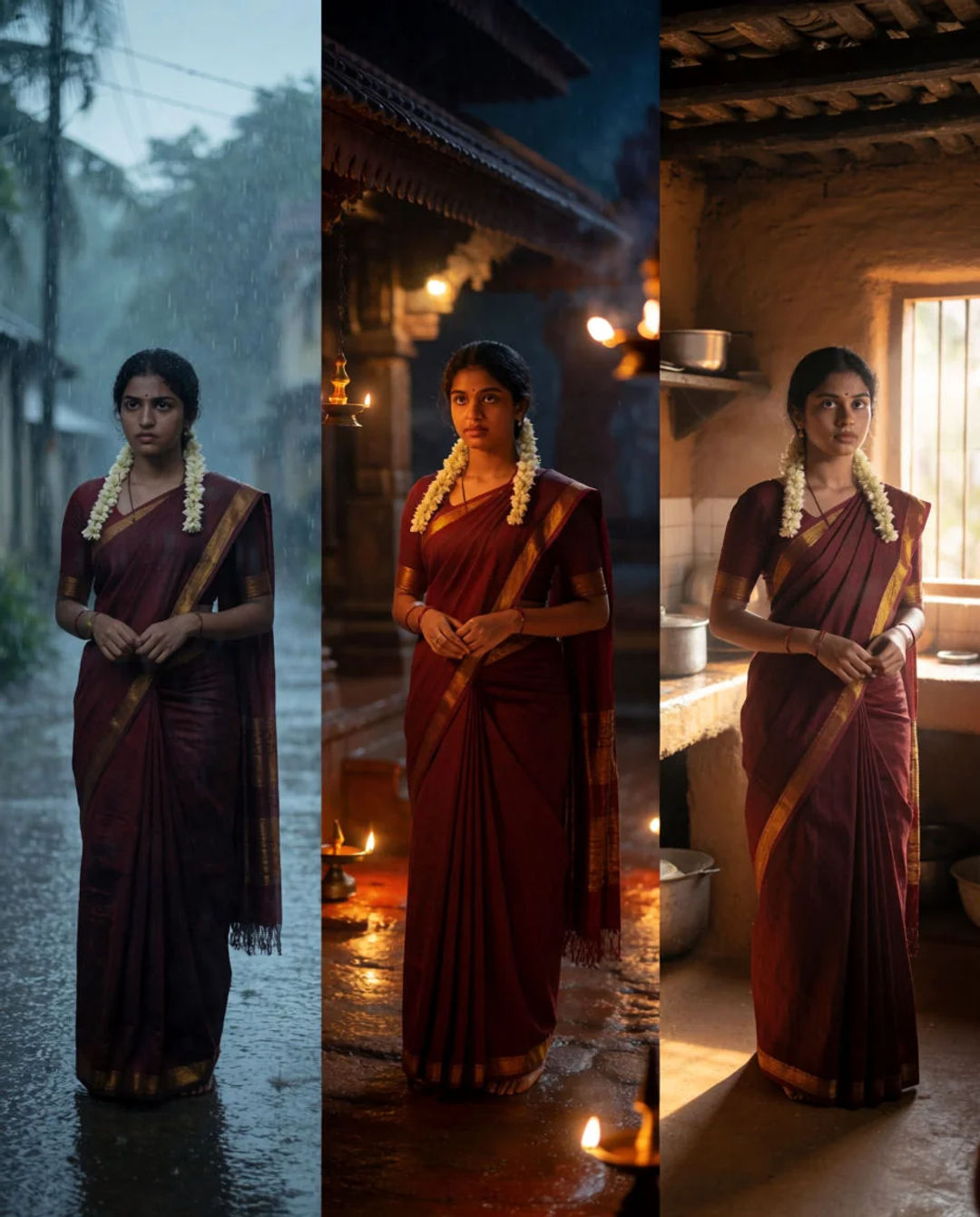 The same woman in a maroon saree across three episode scenes