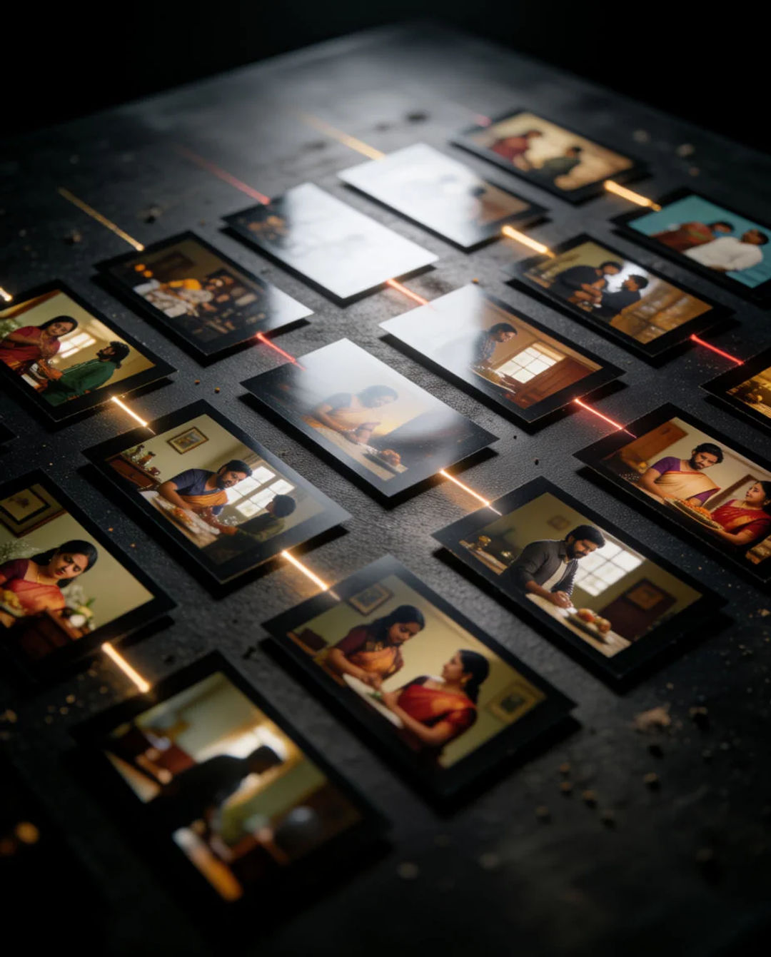 Storyboard cards laid out in sequence on a dark production table