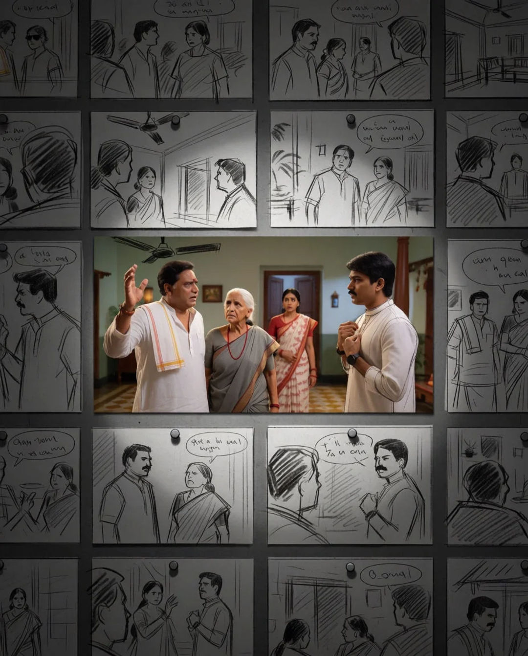 Pencil storyboard sketches around one full-color scene of a family drama