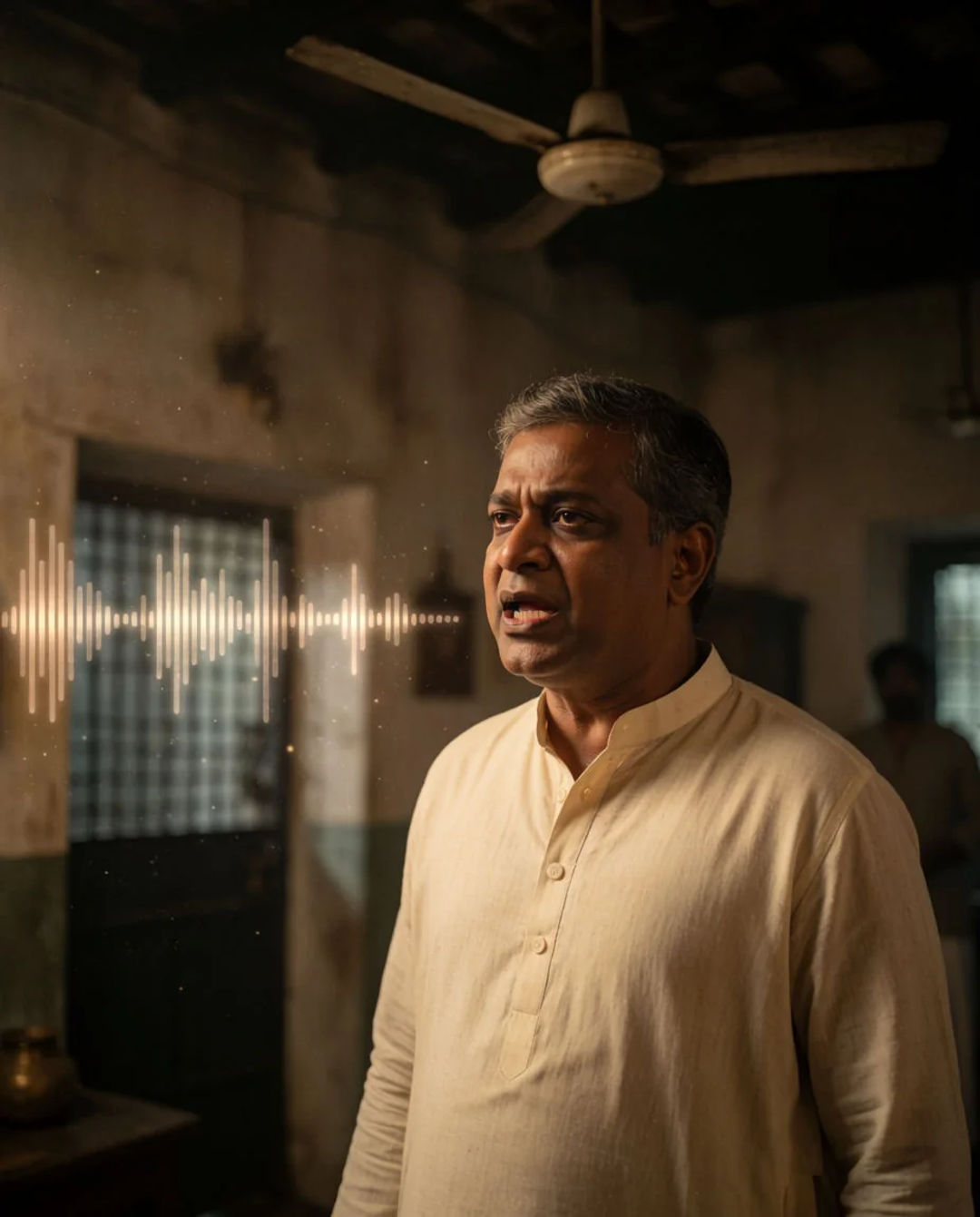 A man speaking in an ancestral home, a sound waveform beside him