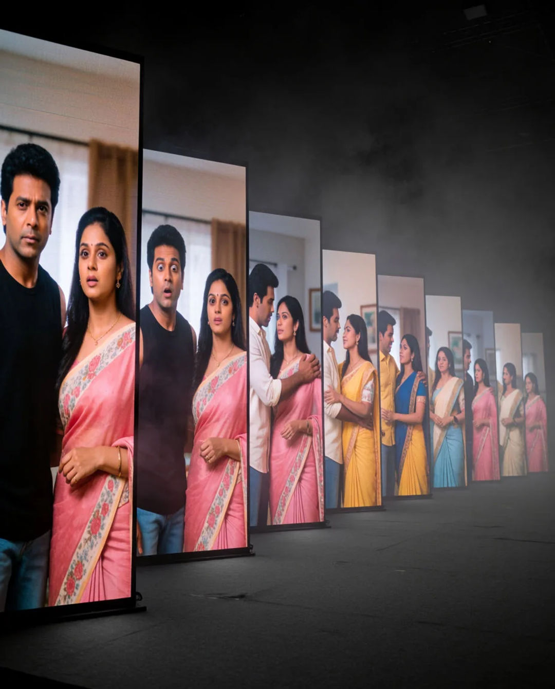 A row of vertical screens showing episodes of the same drama series