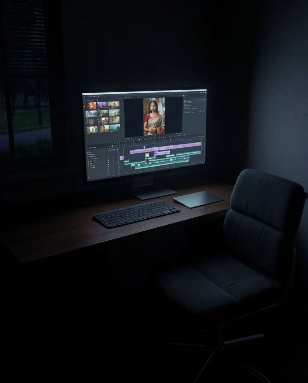 An editing suite with a vertical drama frame above a timeline