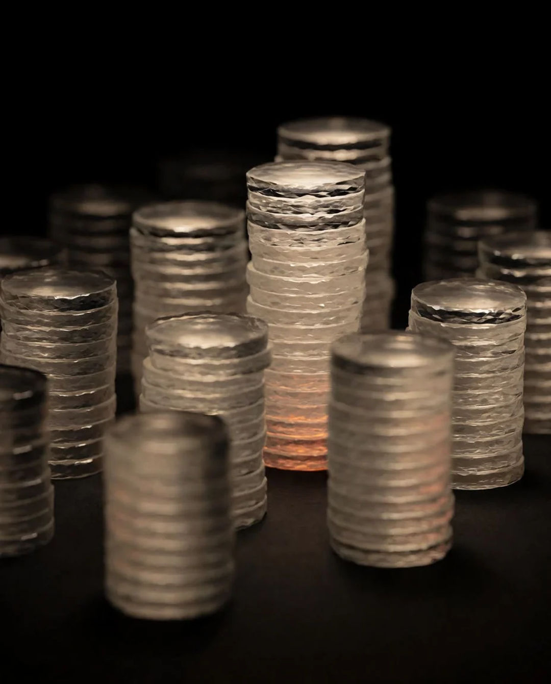 Stacks of glass tokens rising on a black ground