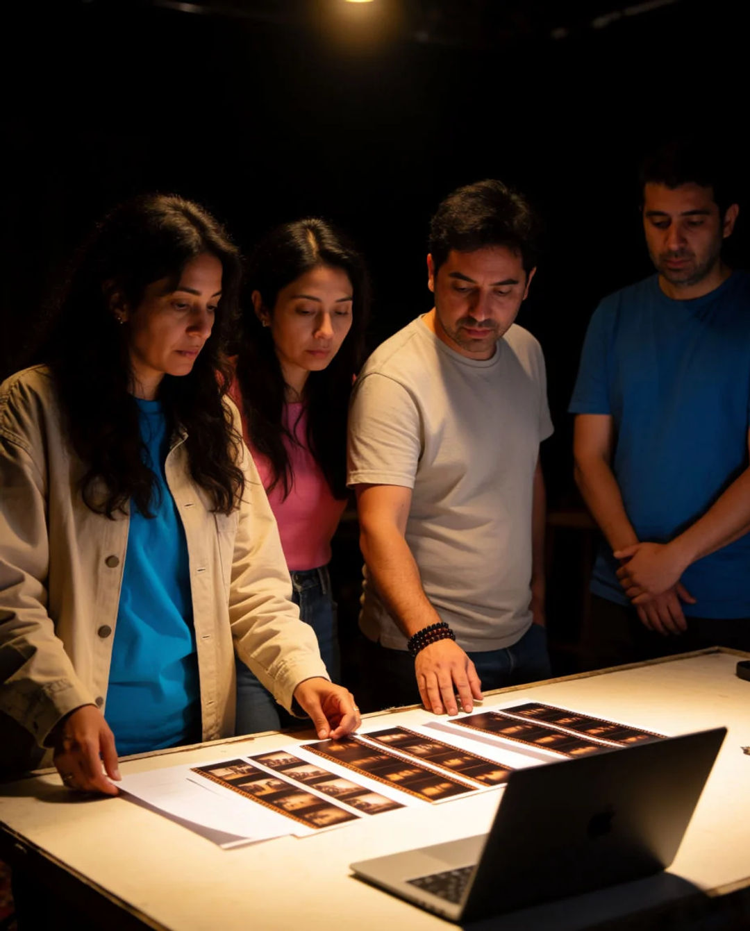 A production team reviewing vertical frames around a lit table