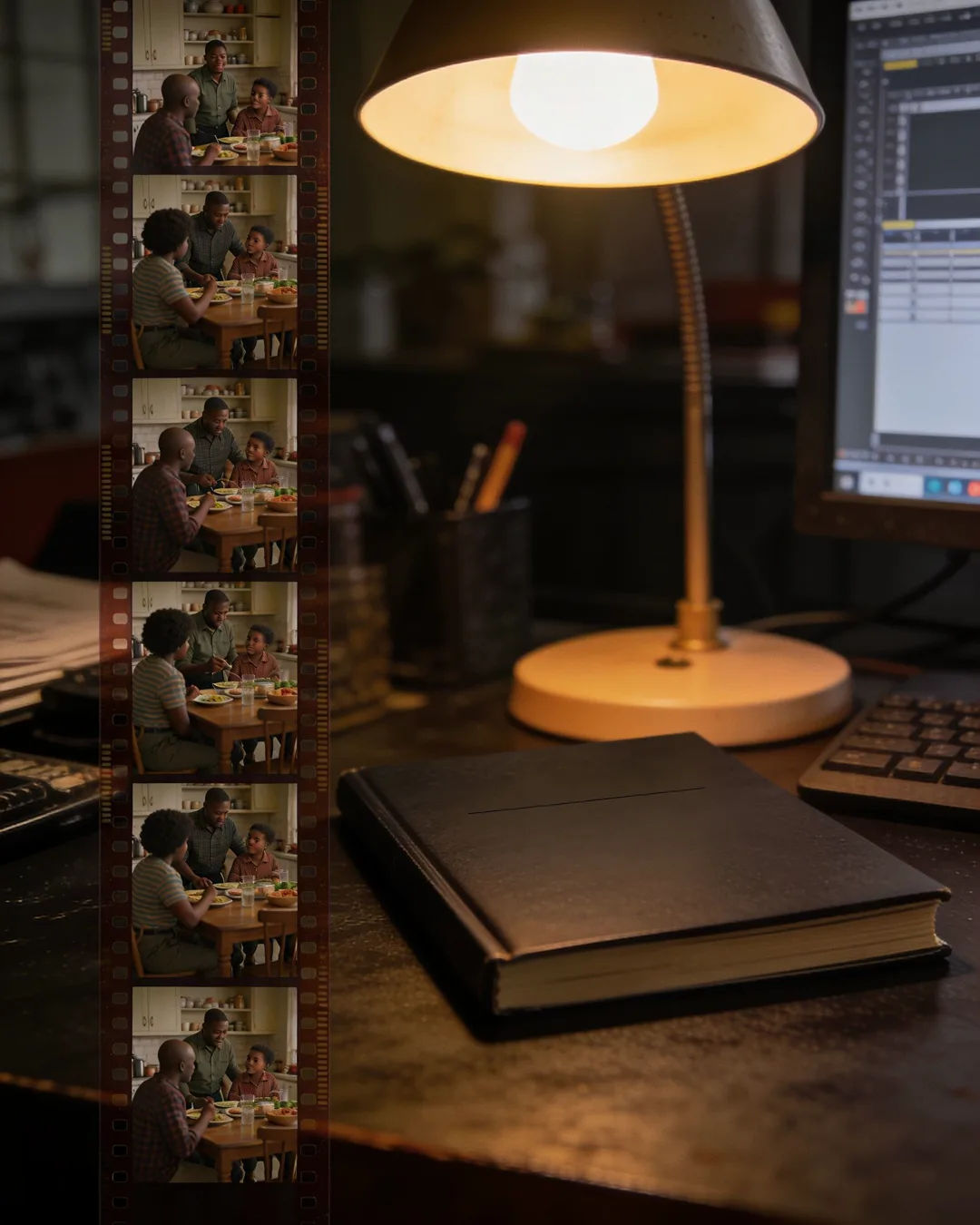 A closed script under a desk lamp beside a strip of film frames from a family drama