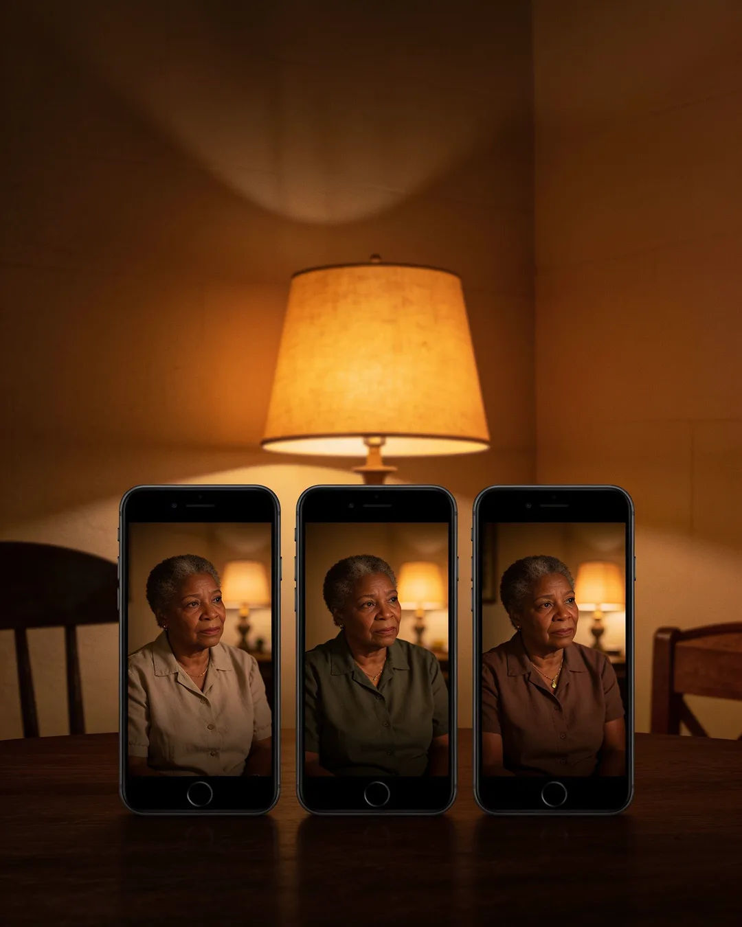 The same Afrikaner South African woman in a plain cotton blouse on three vertical phone screens