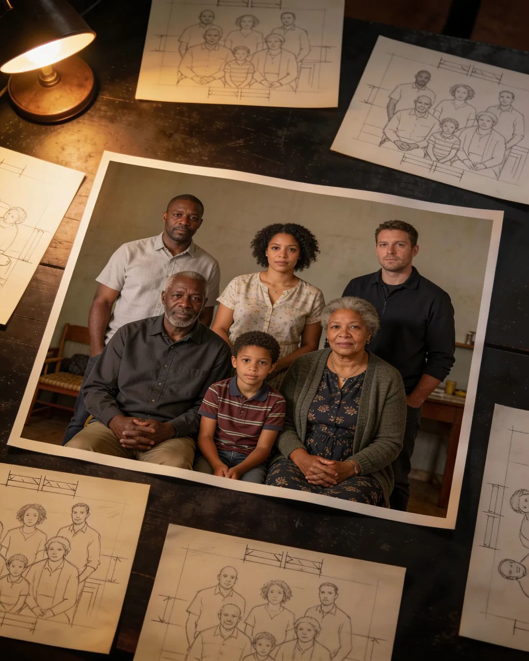 Pencil storyboard sketches around a finished photo of an Afrikaner South African family scene