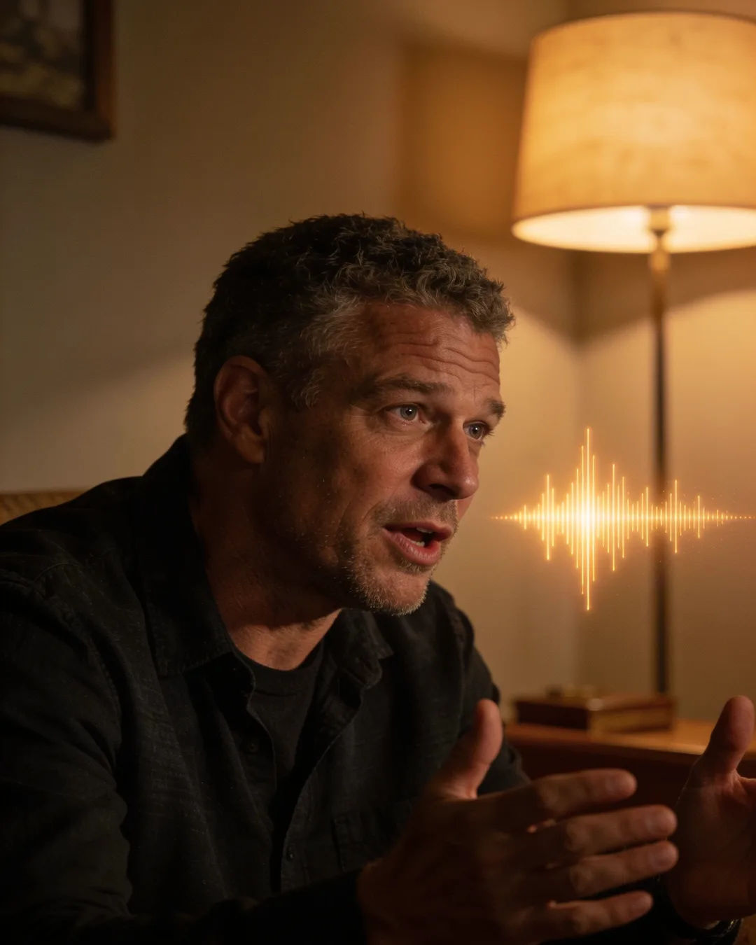 An Afrikaner South African man speaking at home at night, a sound waveform beside him