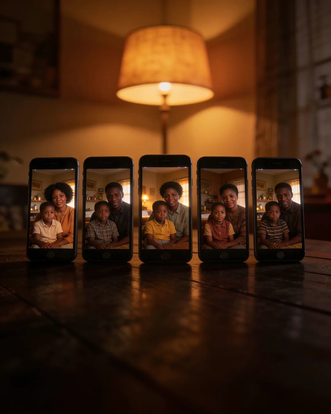 A row of phones showing episodes of the same family drama series
