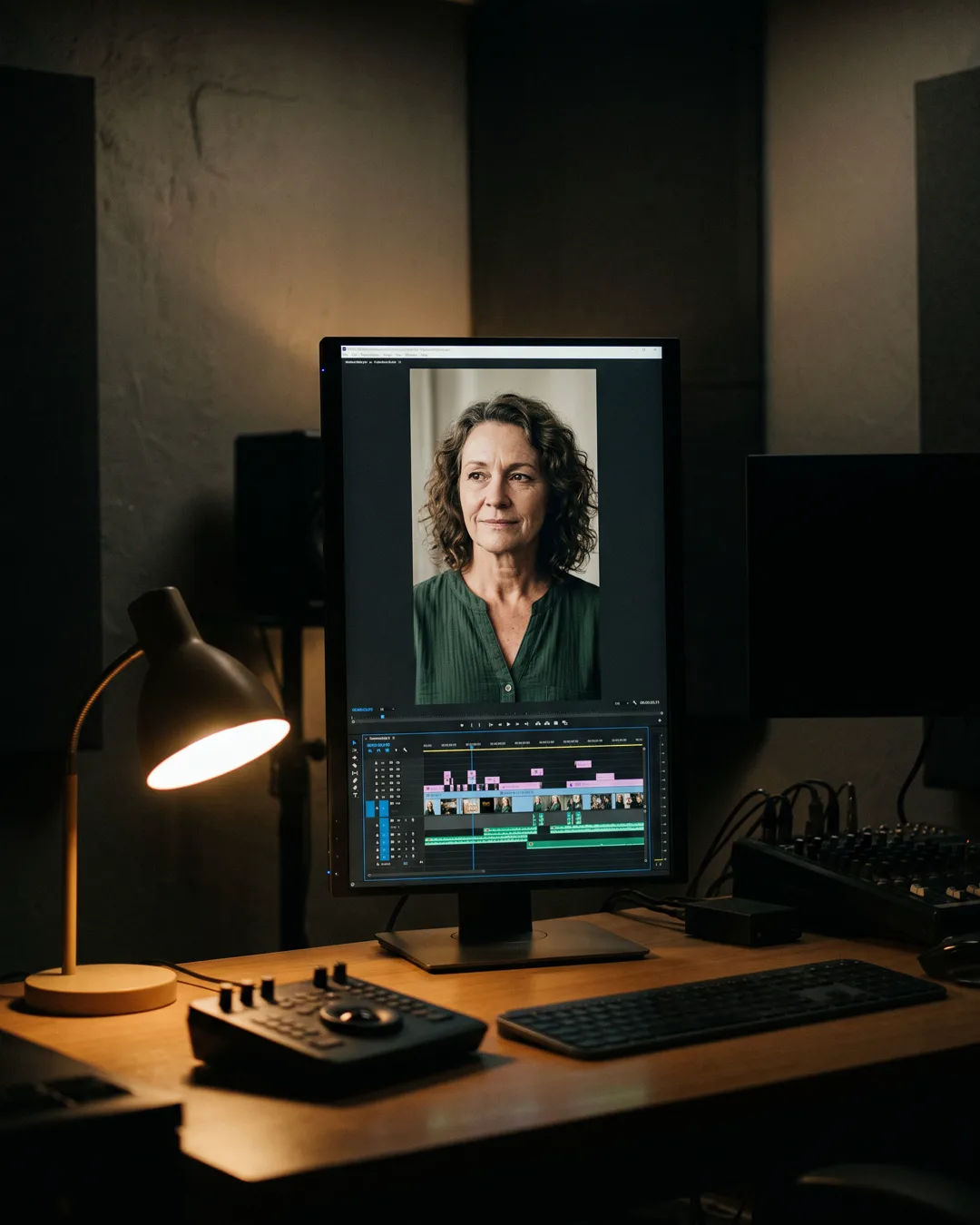 An editing suite with a vertical frame of an Afrikaner South African woman in a plain cotton blouse above a timeline