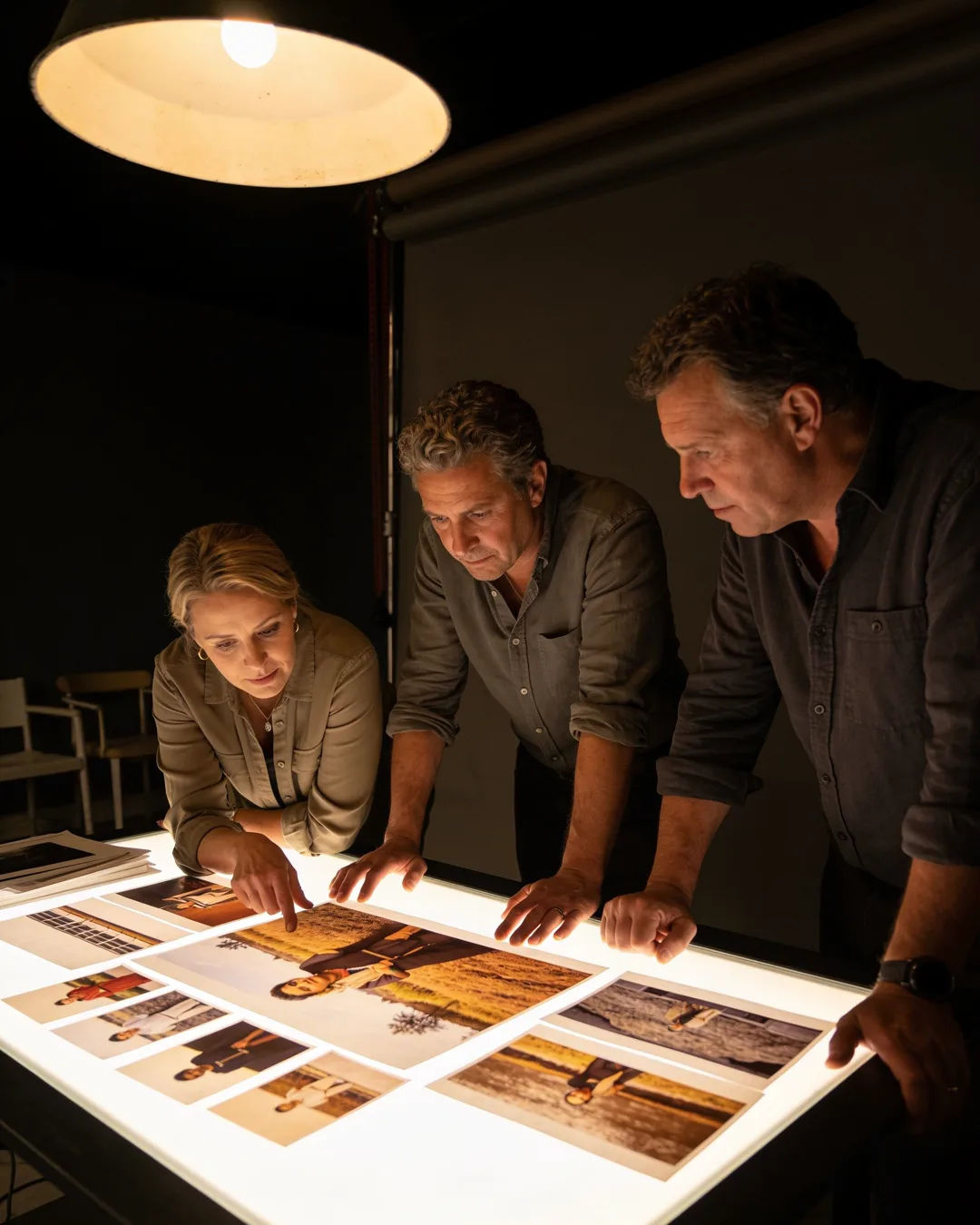 An Afrikaner South African production team reviewing printed frames on a lit table