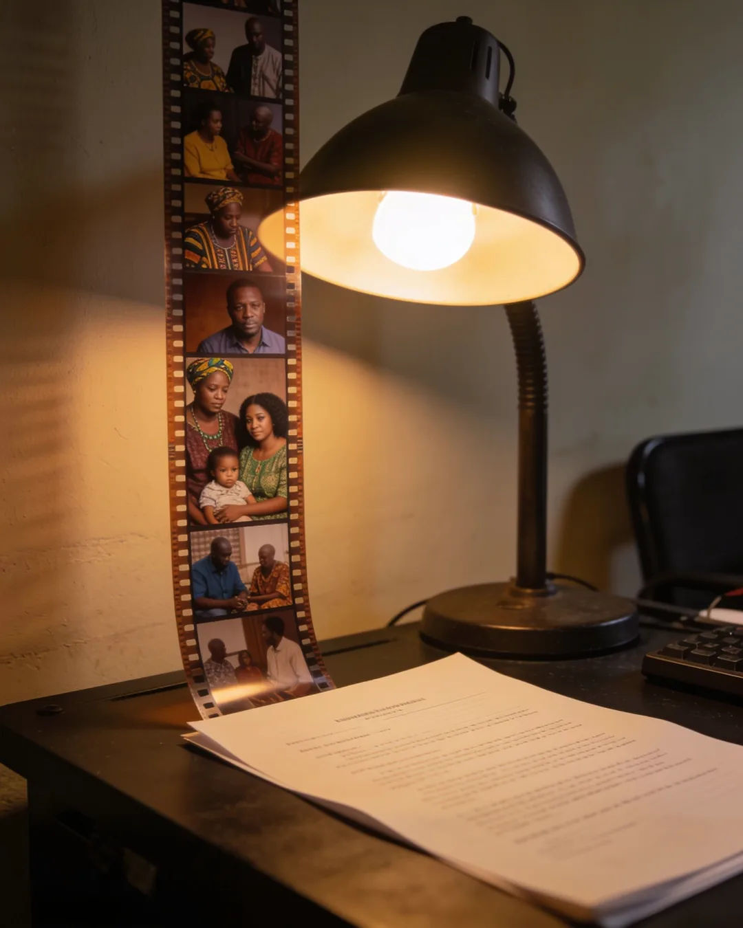 A screenplay page under a desk lamp beside a strip of film frames from a Ghanaian family drama