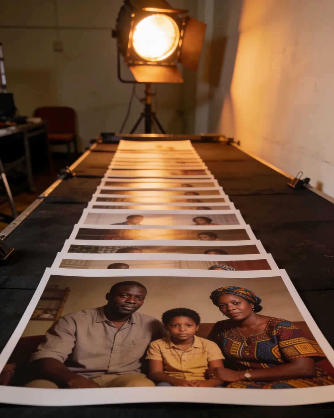 Storyboard cards of a Ghanaian family drama laid out on a production table