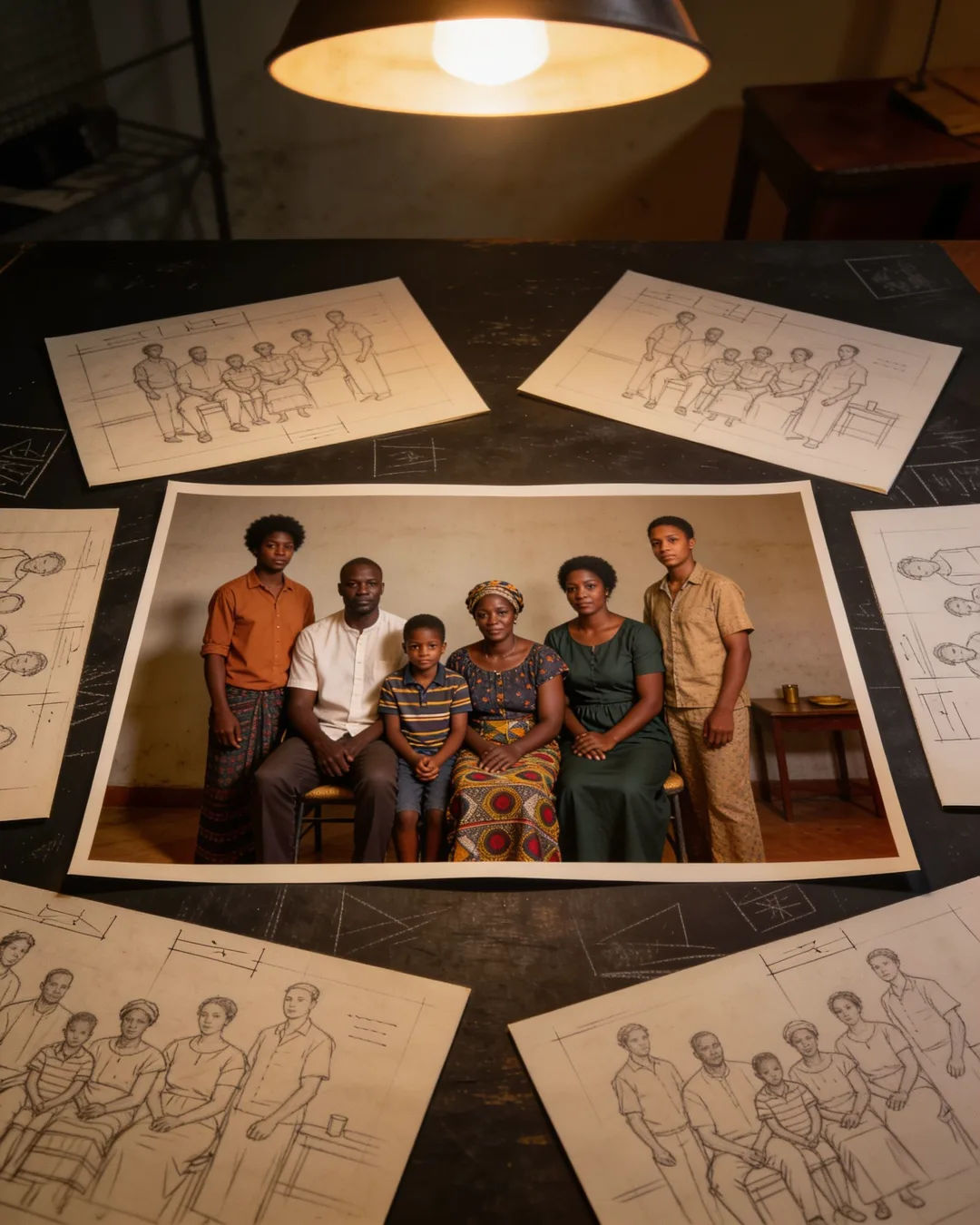 Pencil storyboard sketches around a finished photo of a Ghanaian family scene