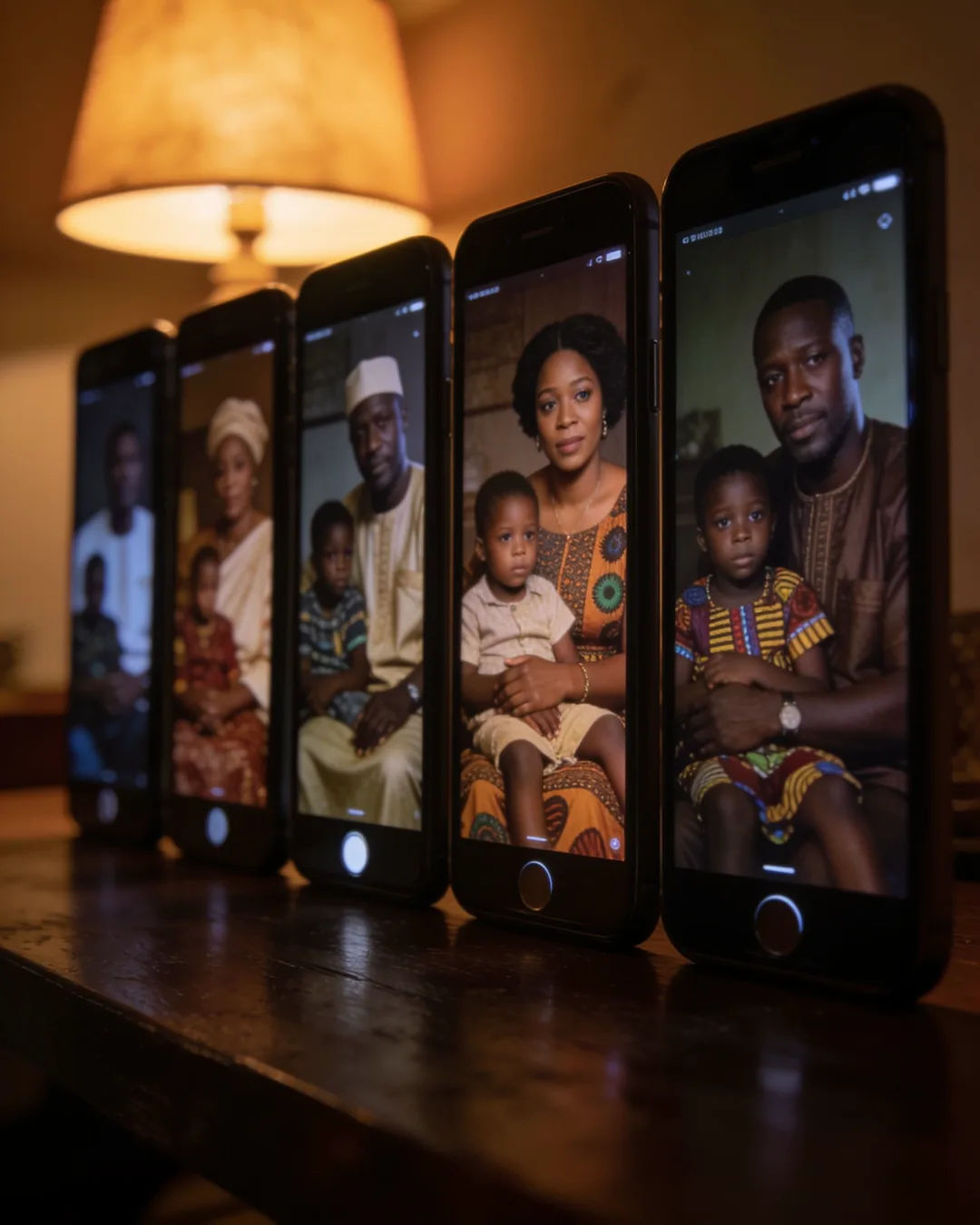 A row of phones showing episodes of the same Ghanaian drama series