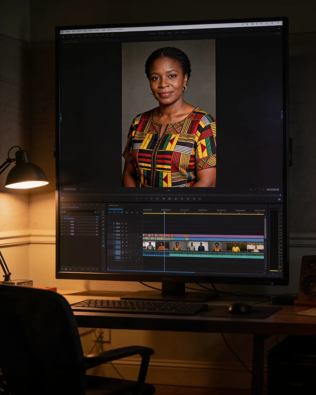 An editing suite with a vertical frame of a Ghanaian woman in a modern kente-print blouse above a timeline