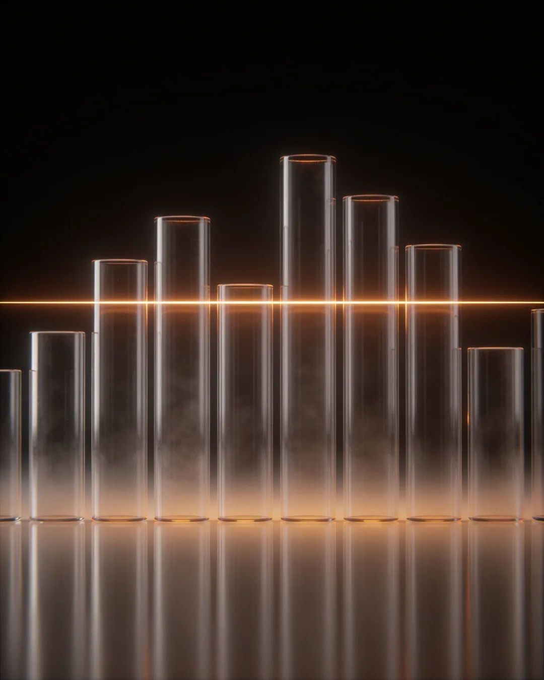 Glass columns of different heights with a glowing limit line