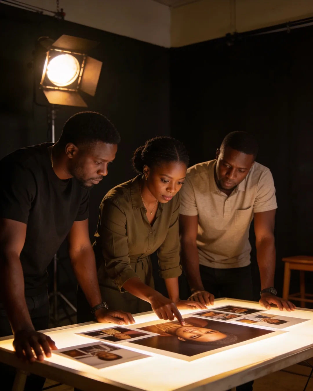 A Ghanaian production team reviewing printed frames on a lit table