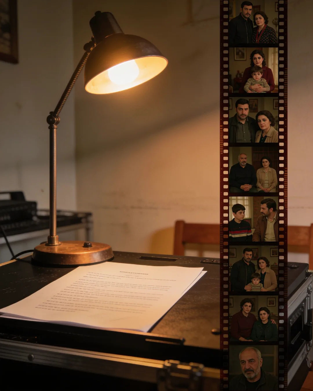 A screenplay page under a desk lamp beside a strip of film frames from an Albanian family drama