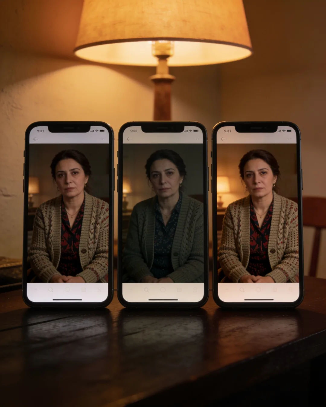 The same Albanian woman in a knit cardigan on three vertical phone screens