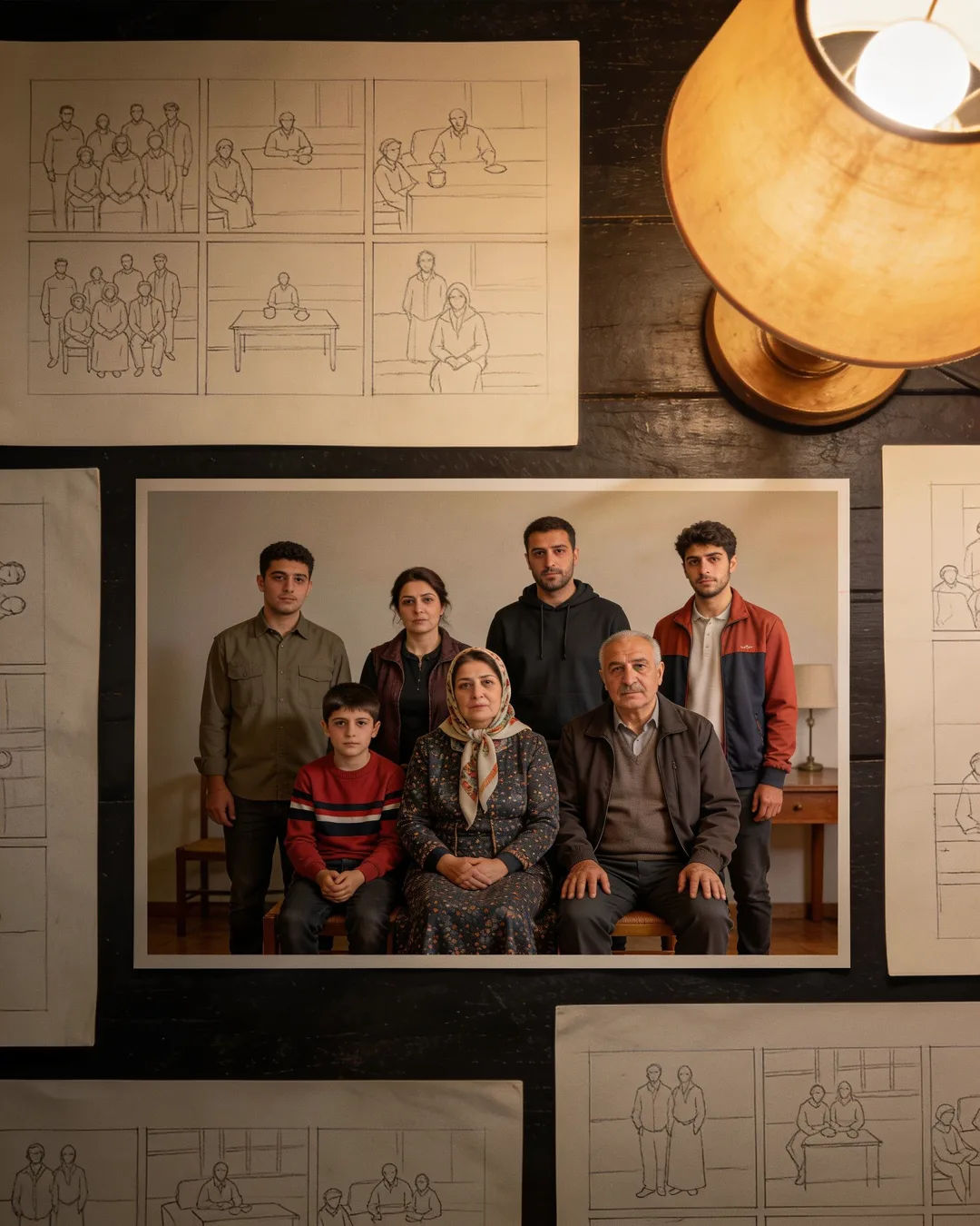 Pencil storyboard sketches around a finished photo of an Albanian family scene