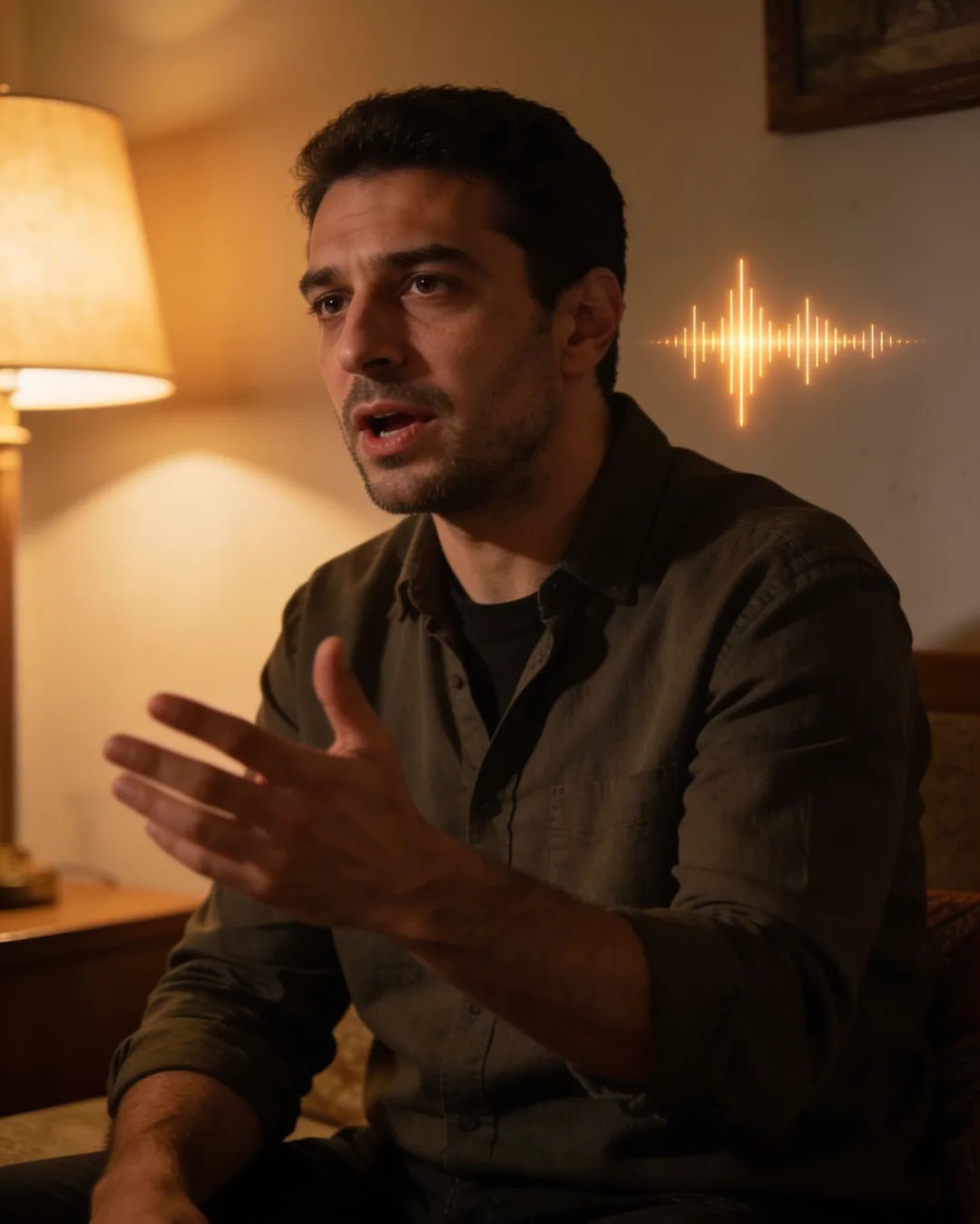 An Albanian man speaking at home at night, a sound waveform beside him