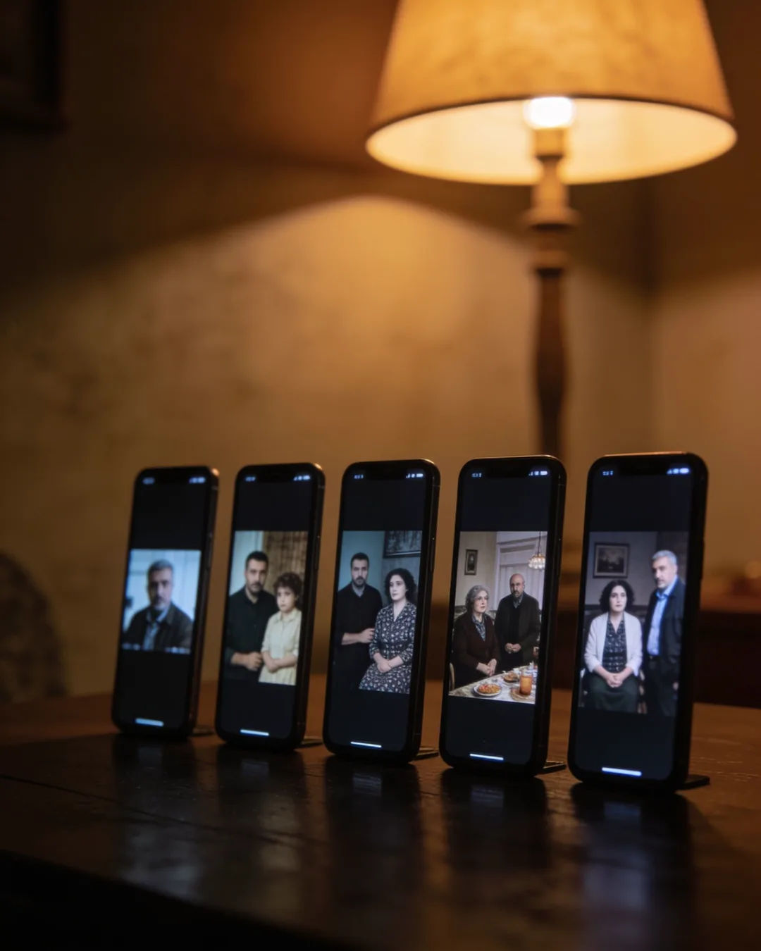 A row of phones showing episodes of the same Albanian drama series