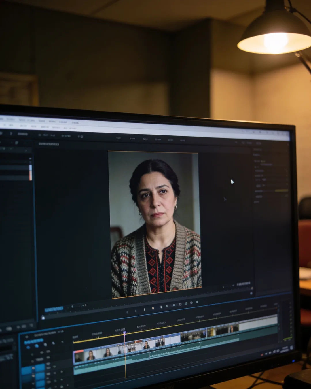 An editing suite with a vertical frame of an Albanian woman in a knit cardigan above a timeline