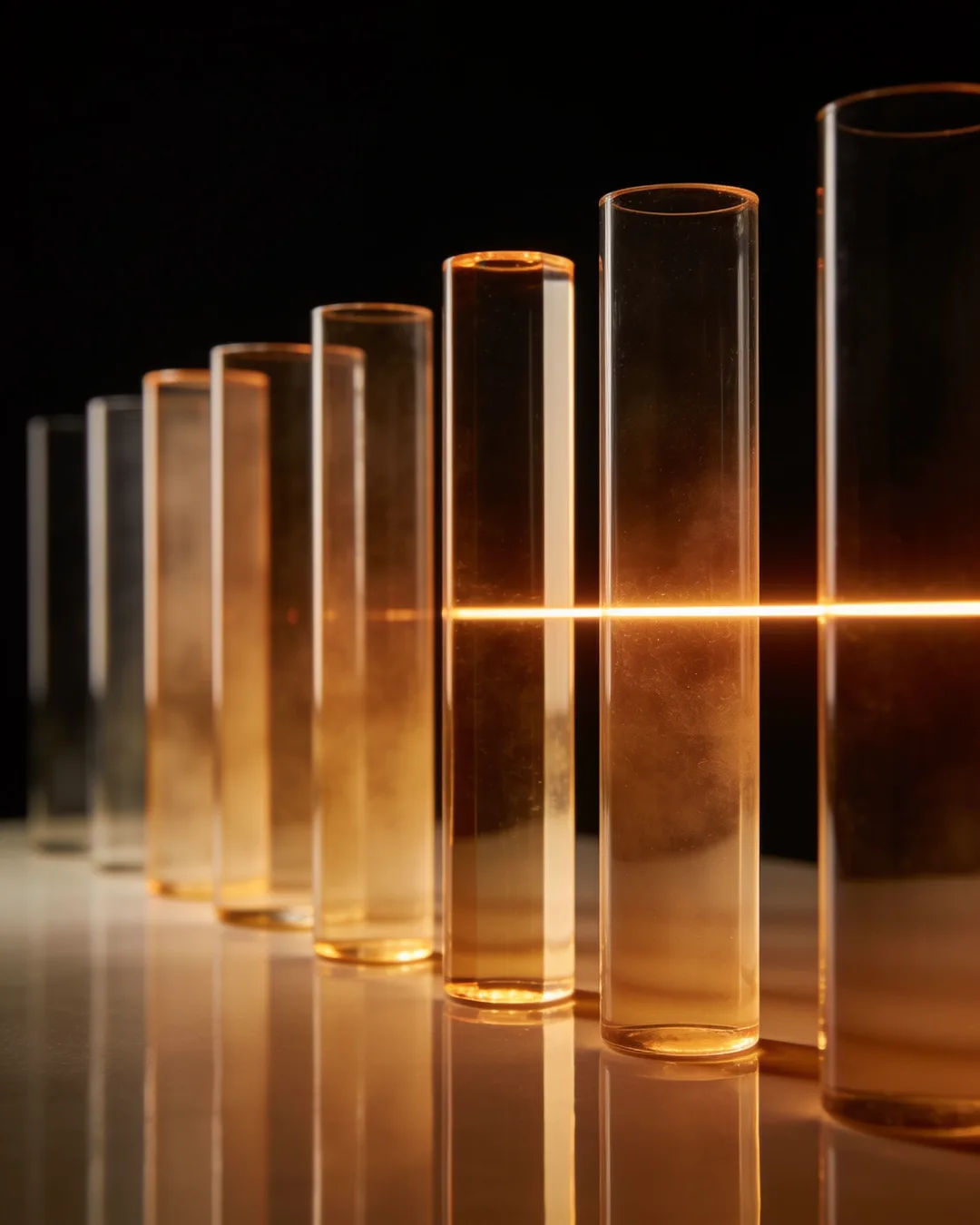 Glass columns of different heights with a glowing limit line