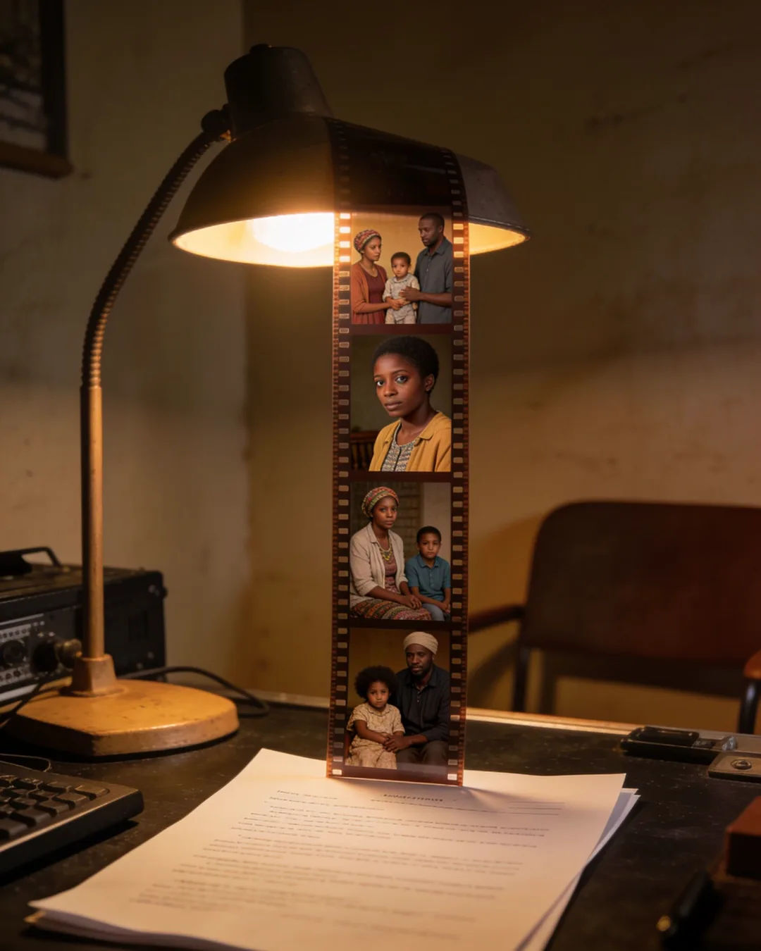 A screenplay page under a desk lamp beside a strip of film frames from an Ethiopian family drama