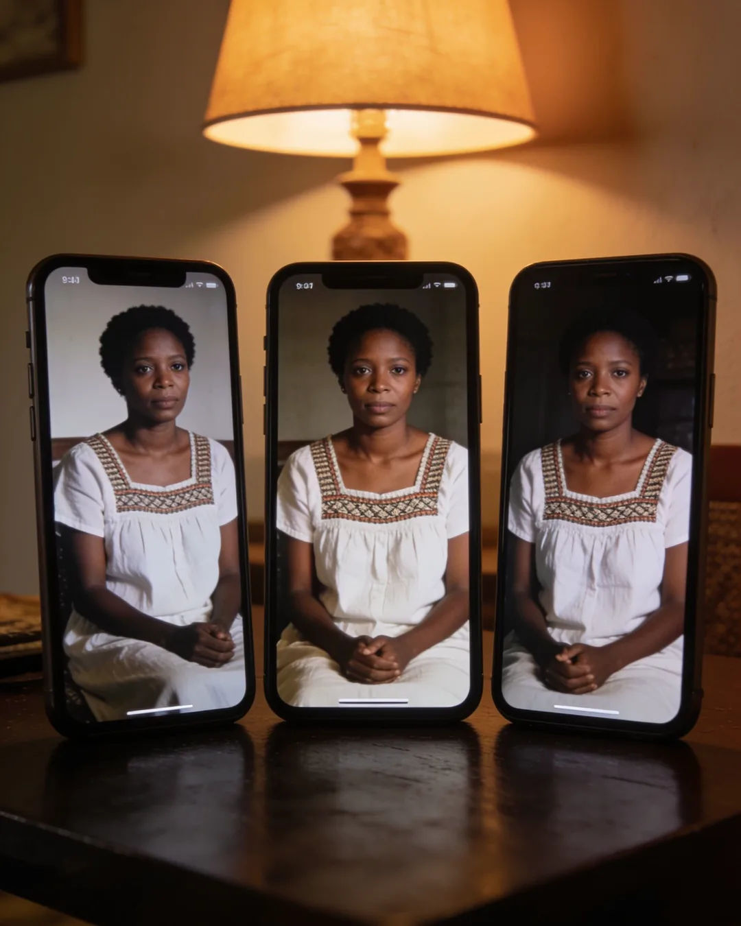 The same Ethiopian woman in a white cotton dress with a woven border on three vertical phone screens