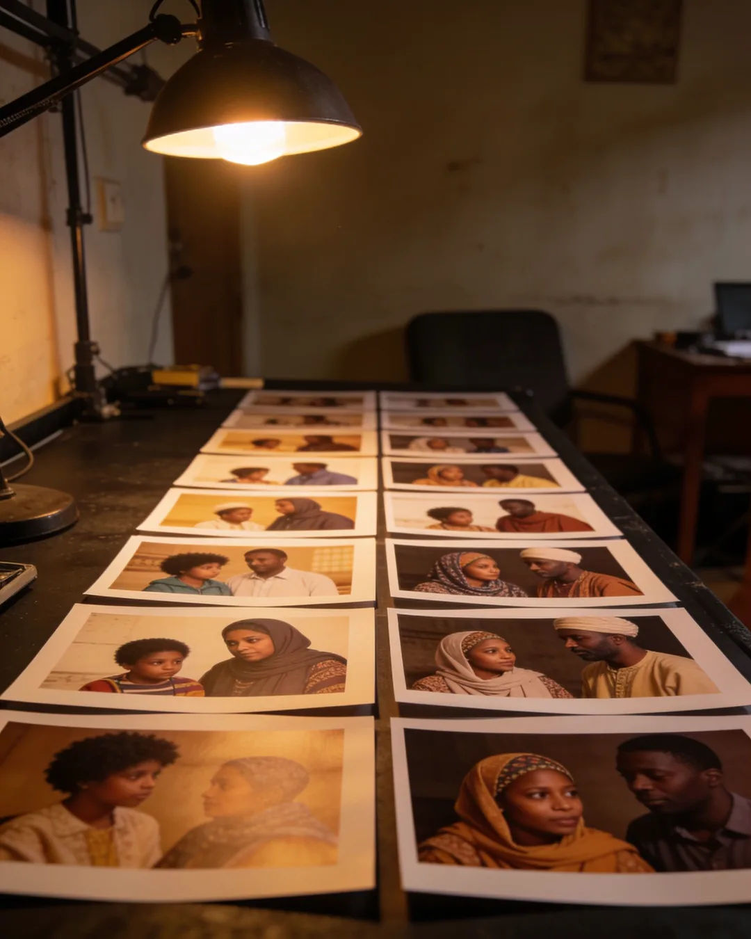 Storyboard cards of an Ethiopian family drama laid out on a production table