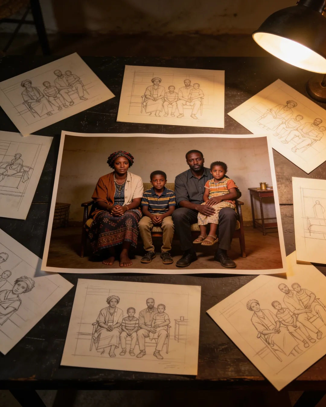 Pencil storyboard sketches around a finished photo of an Ethiopian family scene