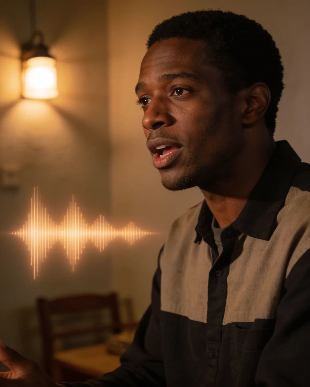 An Ethiopian man speaking at home at night, a sound waveform beside him